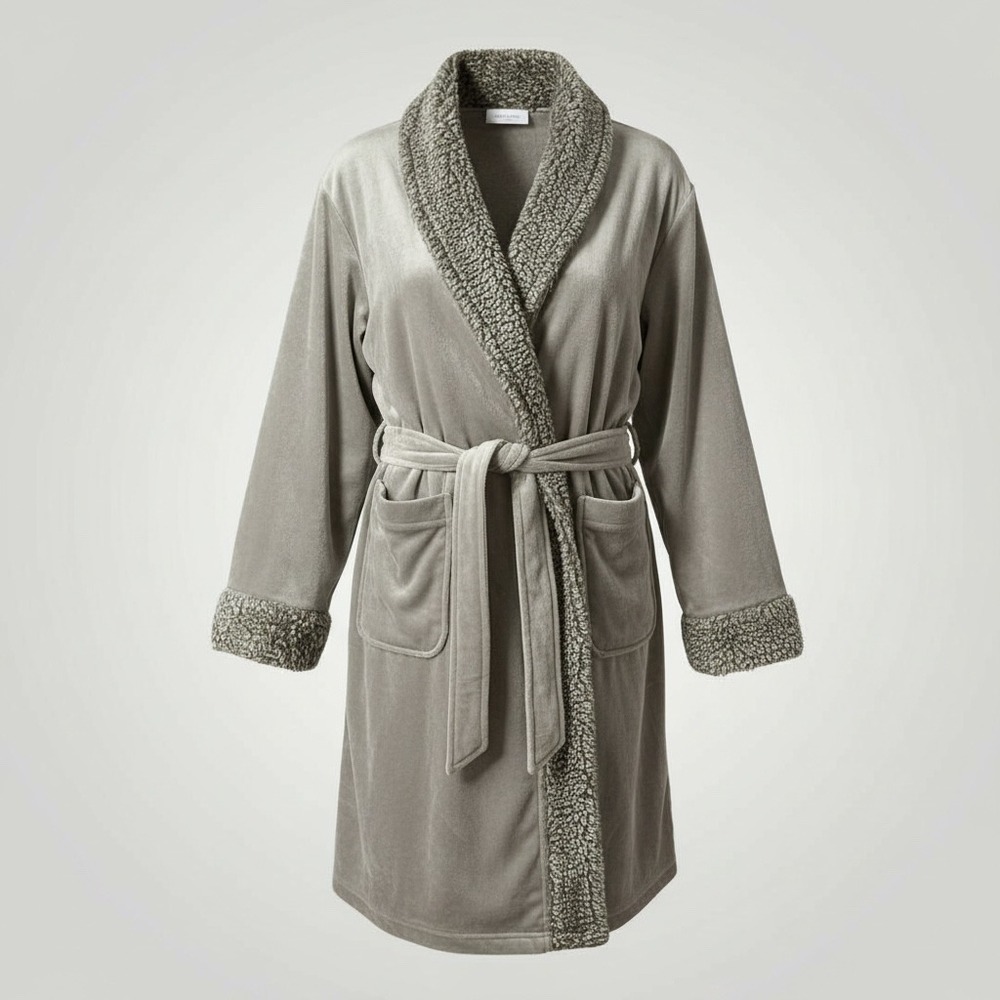 Pottery Barn Plush‎ Cozy Ombre Robe Large Gray Sherpa Trim Hooded Loungewear
